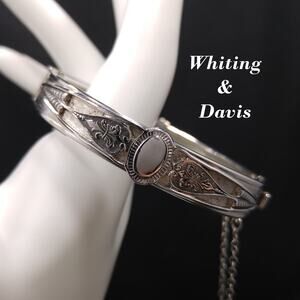 Whiting & Davis Rhodium Plated Hinged Bracelet, Safety Chain, 1960s Vintage